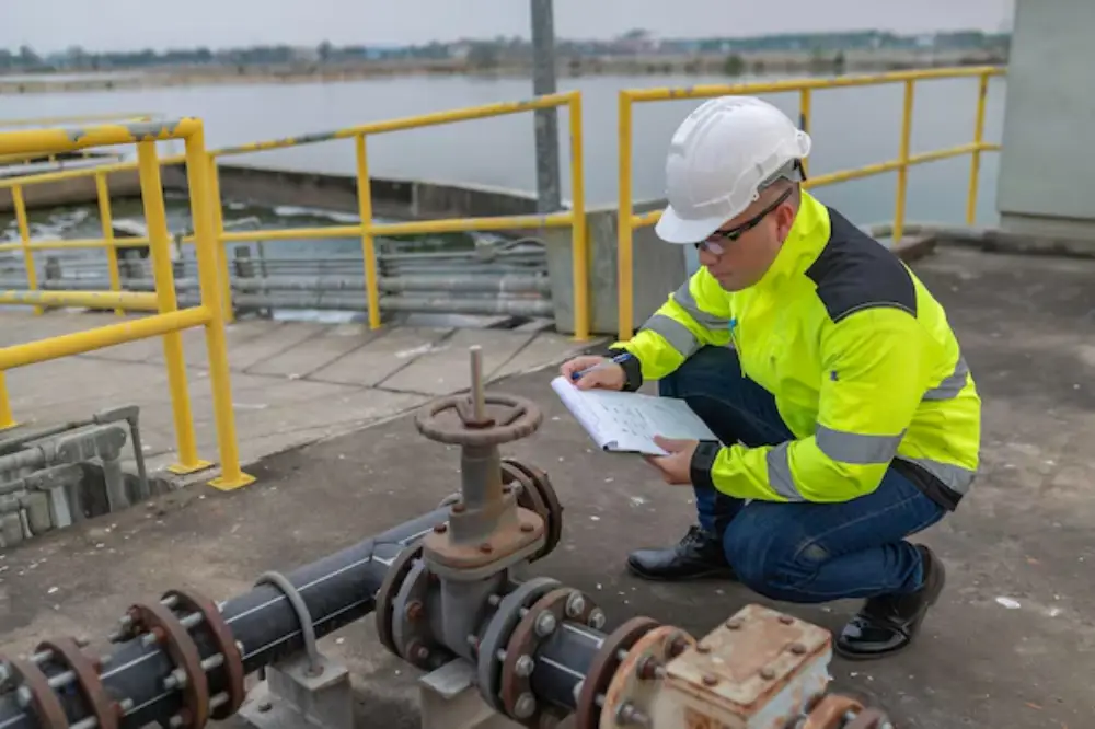 Engineers ensuring proper installation of industrial valves in drainage networks for flood prevention.