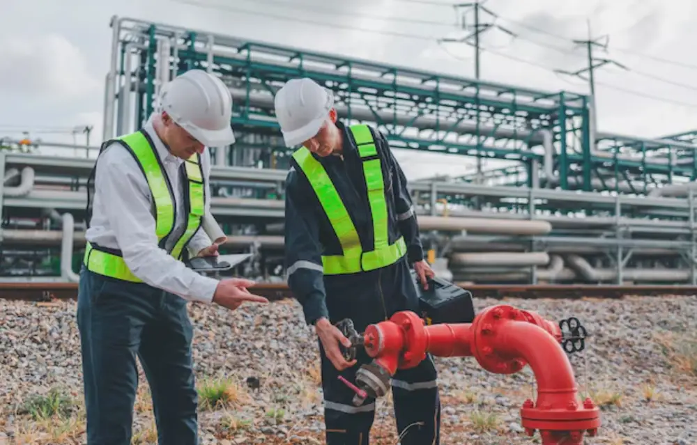 Engineers ensuring proper installation of industrial valves in drainage networks for flood prevention.