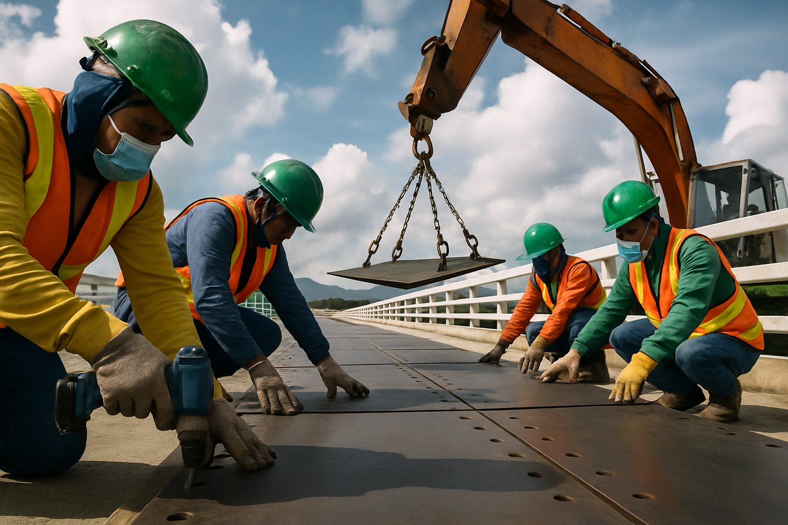 El Niño Preparedness: Choosing Carbon Steel Plates for Extreme Weather in the Philippines 3 Workers installing carbon steel plates on a bridge in the Philippines.