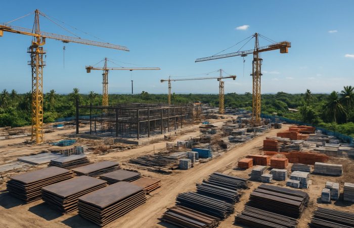 Aerial view of a Philippine construction site using carbon steel plates with cranes and materials. el-ni-o-preparedness-choosing-carbon-steel-plates-for-extrem-featured-0