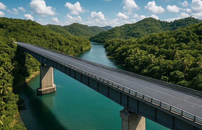 Modern bridge in the Philippines built with carbon steel plates over a river with lush green surroundings and cloudy sky. mitigating-climate-change-effects-the-role-of-carbon-steel-p-featured-0