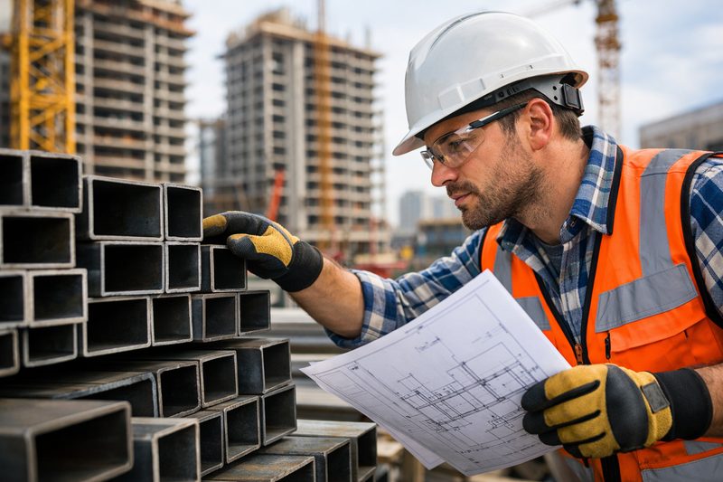 Revamping Old Systems: Why More Cities in the Philippines Are Turning to Square and Rectangular Tubes 2 Construction worker inspecting square and rectangular steel tubes with blueprints on-site.