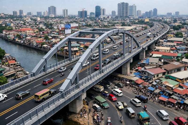 Revamping Old Systems: Why More Cities in the Philippines Are Turning to Square and Rectangular Tubes 3 Completed bridge in a Philippine city built with square and rectangular steel tubes, surrounded by urban traffic.