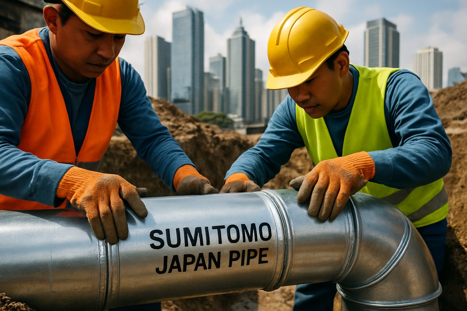 Sumitomo Japan Pipe: The Future of Eco-Friendly Construction in the Philippines 2 Close-up of installing Sumitomo Japan Pipes in a drainage system, with urban backdrop.